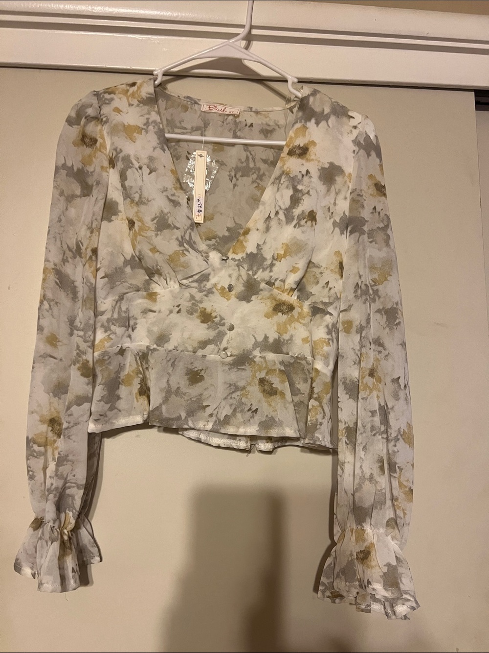 Blush Cream Floral Peplum Blouse with Yellow & Gray Accents
